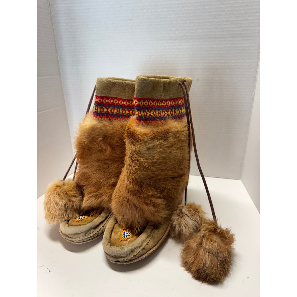 Handmade Suede Mukluk Boots Fur Pom Pom Beaded Tan Brown 5